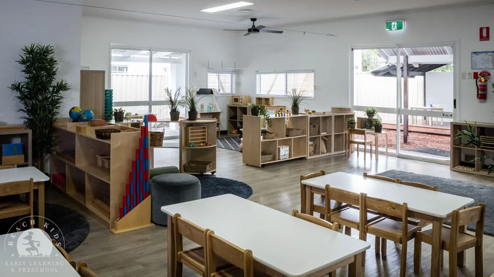 The Kindergarten classroom at Beach Kids Cabarita with timber shelving and natural light