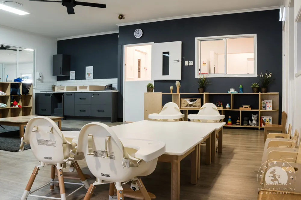 The Cabarita nursery with high chairs, low tables and timber shelving