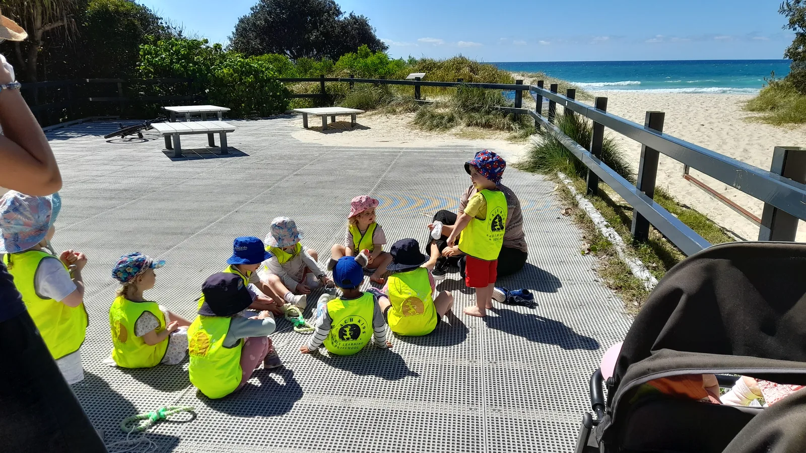 Beach Kids children and educators walking together beside the coast on a Beach Kinder excursion
