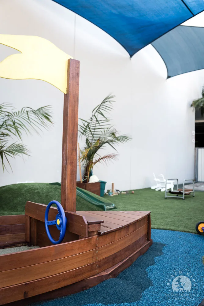 The timber boat and water mural in the indoor play space at Beach Kids Cabarita