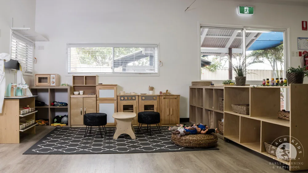 The home corner and play kitchen in a Beach Kids Cabarita classroom